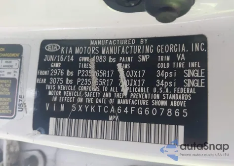 2015 Kia Sorento Lx from USA, damaged, VIN 5XYKTCA64FG607865